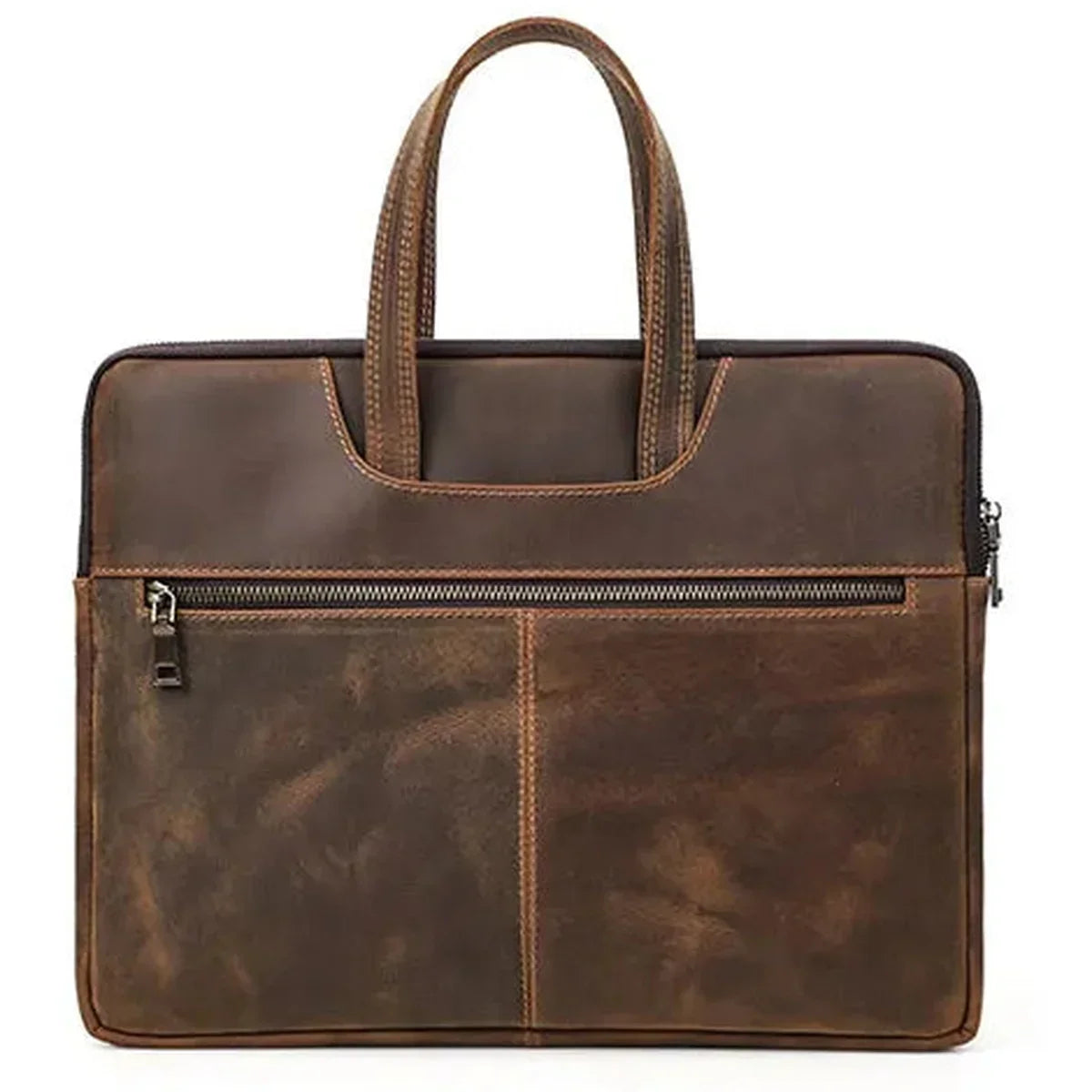 Slim Leather Laptop Briefcase - Zip Case with Front Pocket and Top Handles - Coffee