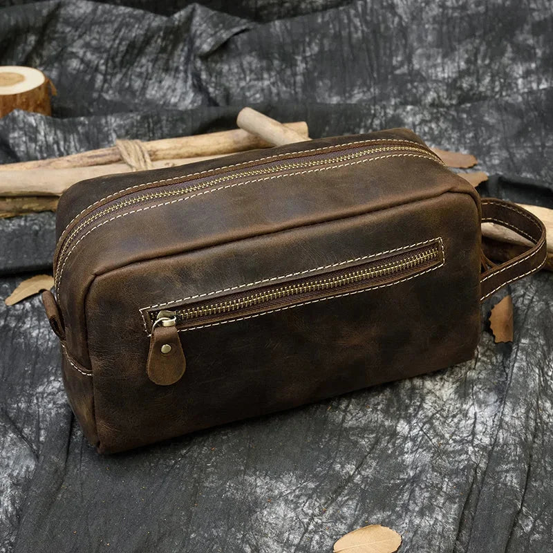 Men’s Leather Toiletry Bag - Full-Grain Dopp Kit for Travel
