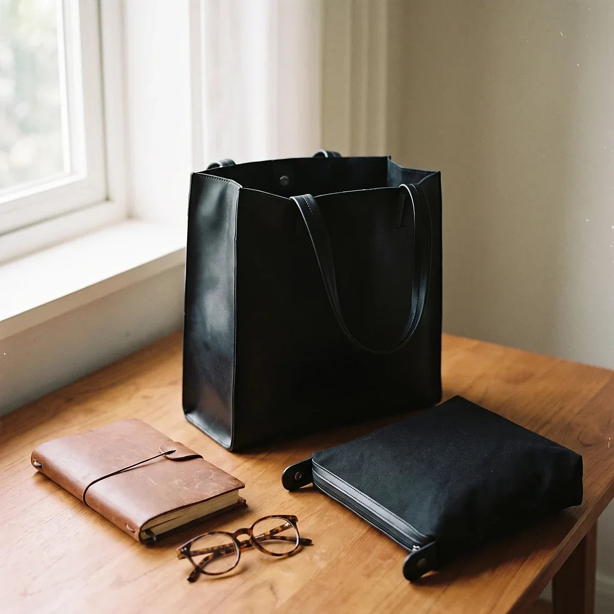 Vegan Leather Tote Bag - Slim Vertical Work Carryall - Black