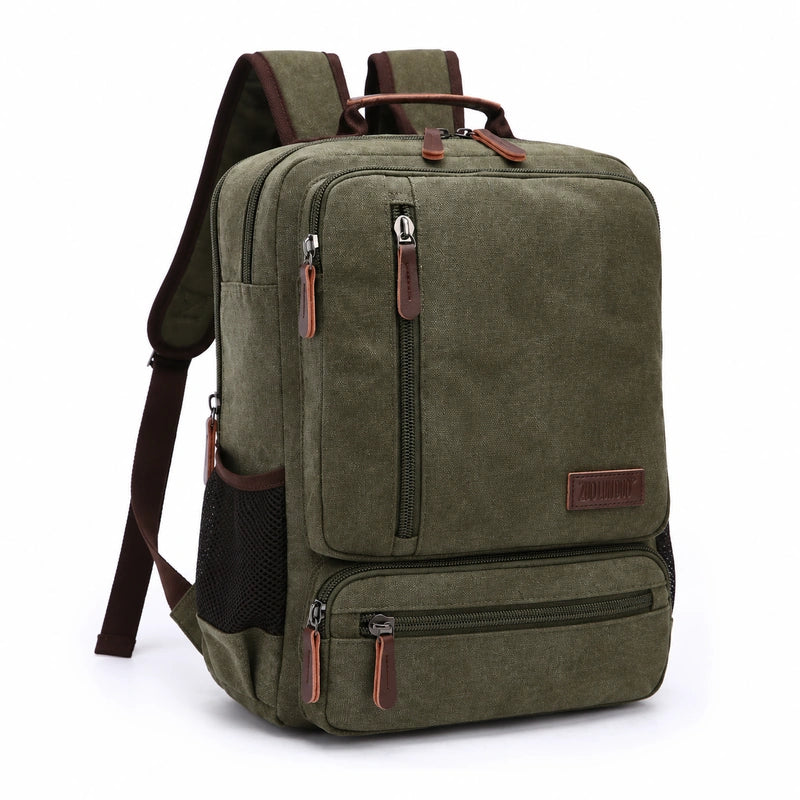 Men’s Canvas Backpack - Front Organizer Pocket Rucksack - Olive
