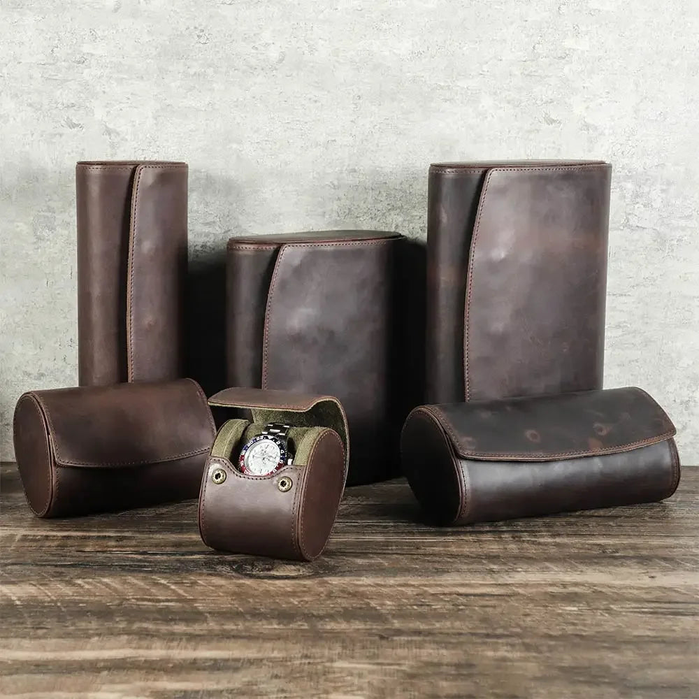 Round Leather Watch Roll with Slide-Out Cushions