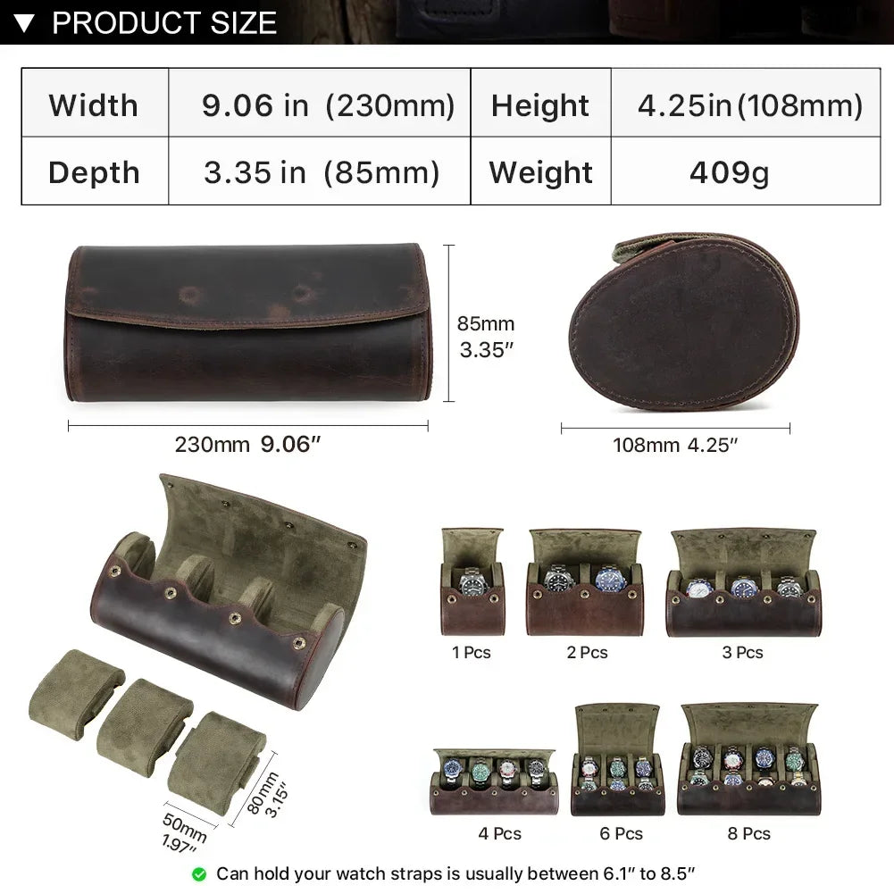 Round Leather Watch Roll with Slide-Out Cushions