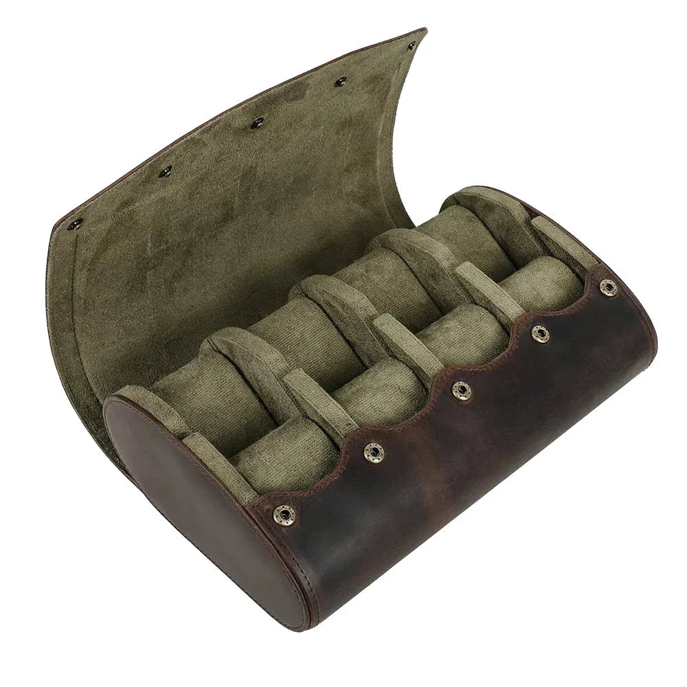 Round Leather Watch Roll with Slide-Out Cushions - 8 Slots