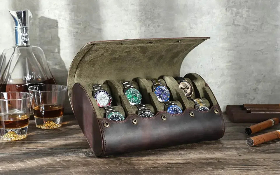 Round Leather Watch Roll with Slide-Out Cushions