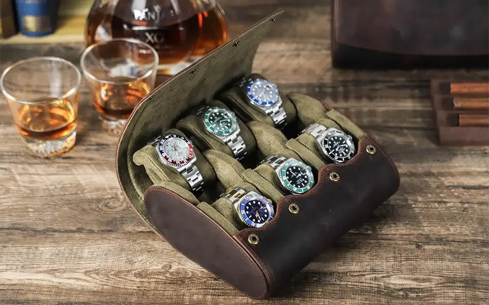 Round Leather Watch Roll with Slide-Out Cushions