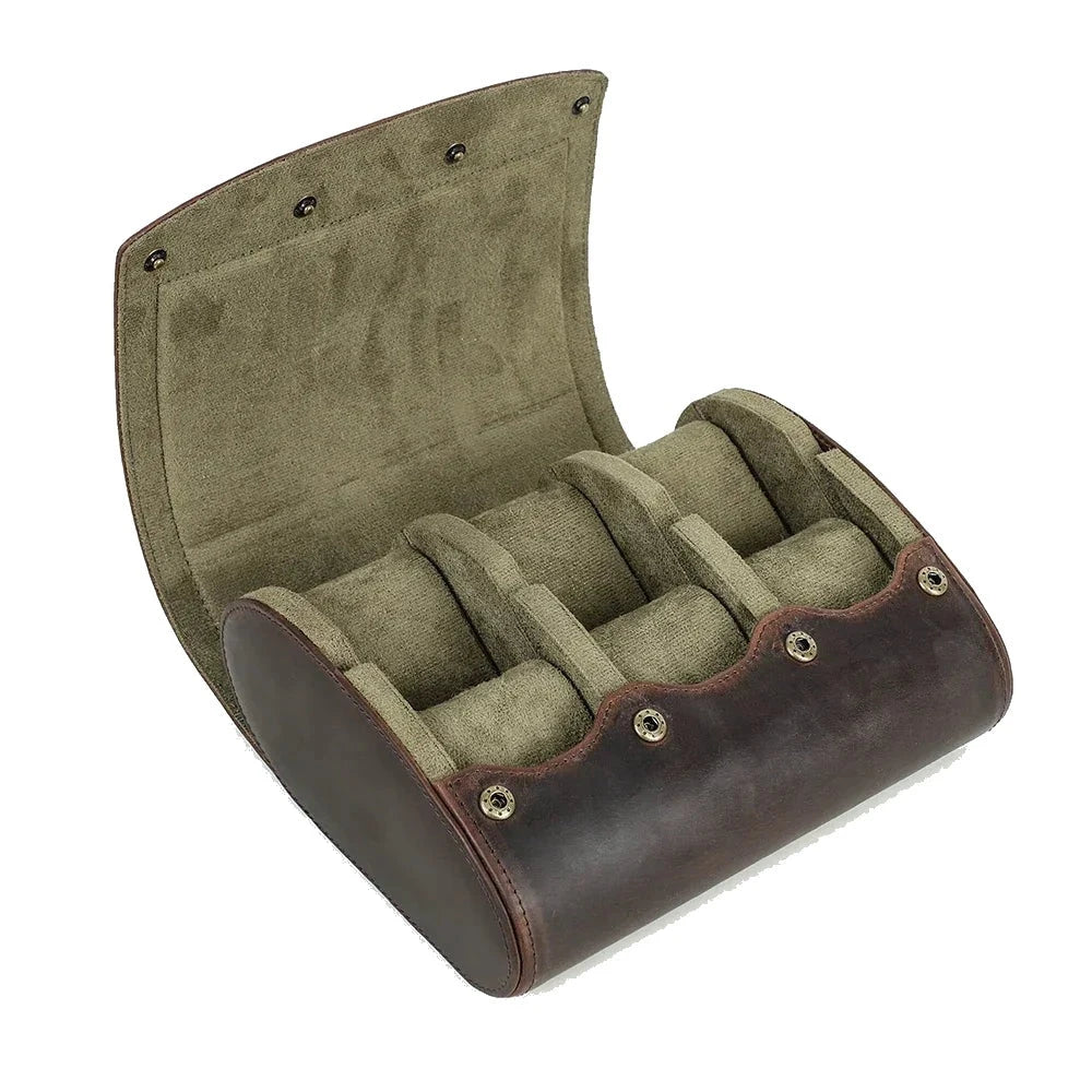 Round Leather Watch Roll with Slide-Out Cushions - 3 Slots