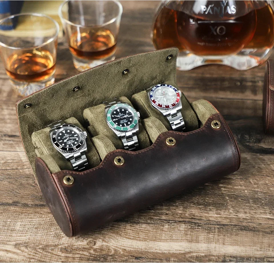 Round Leather Watch Roll with Slide-Out Cushions