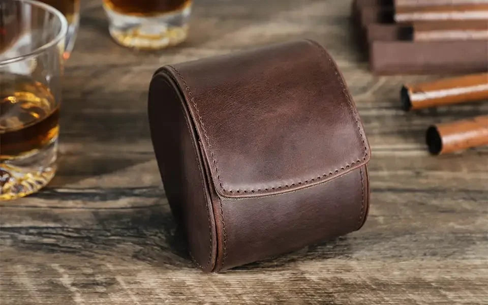 Round Leather Watch Roll with Slide-Out Cushions