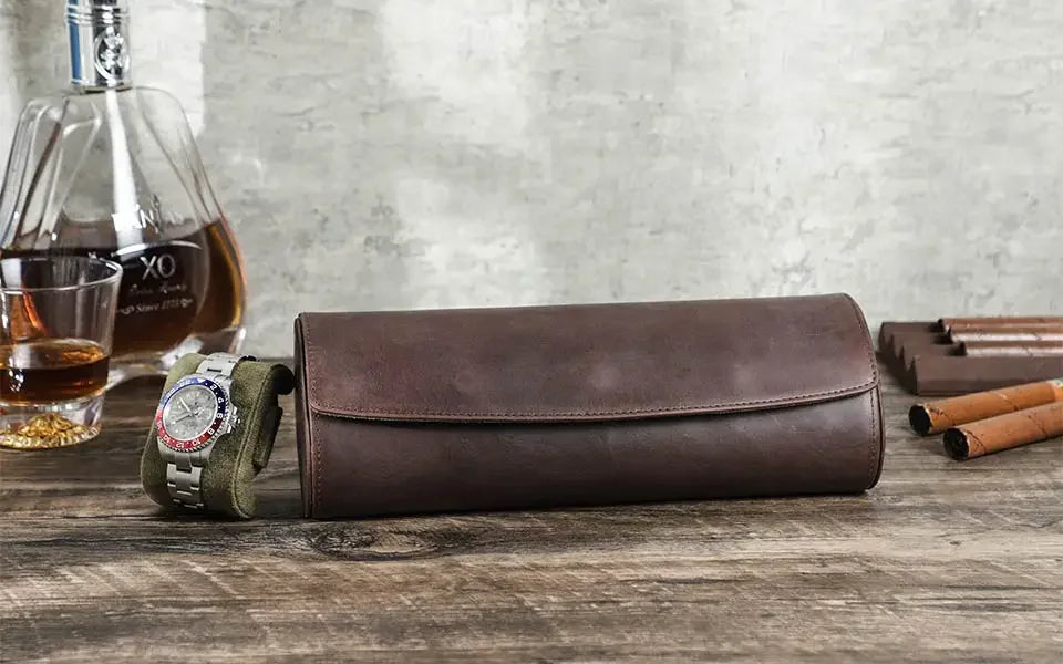 Round Leather Watch Roll with Slide-Out Cushions