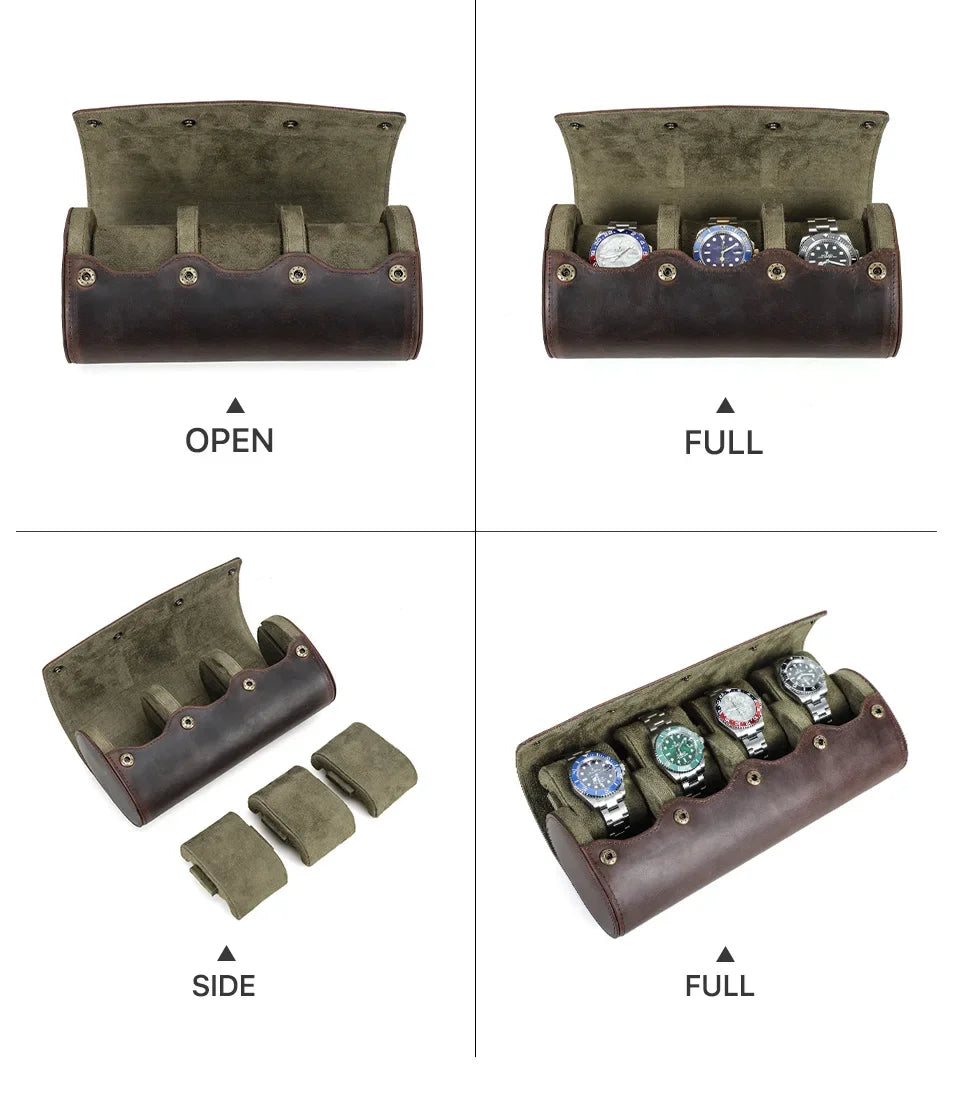 Round Leather Watch Roll with Slide-Out Cushions