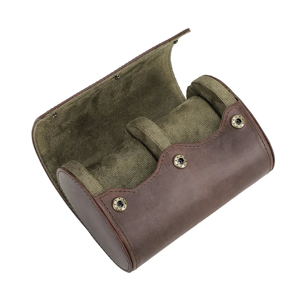 Round Leather Watch Roll with Slide-Out Cushions - 2 Slots