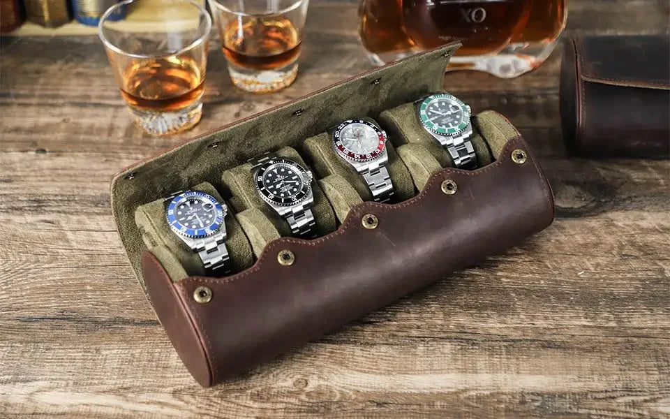 Round Leather Watch Roll with Slide-Out Cushions