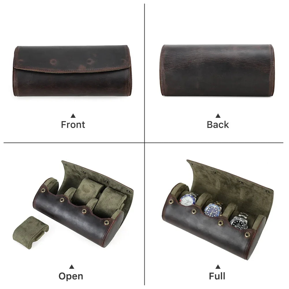 Round Leather Watch Roll with Slide-Out Cushions