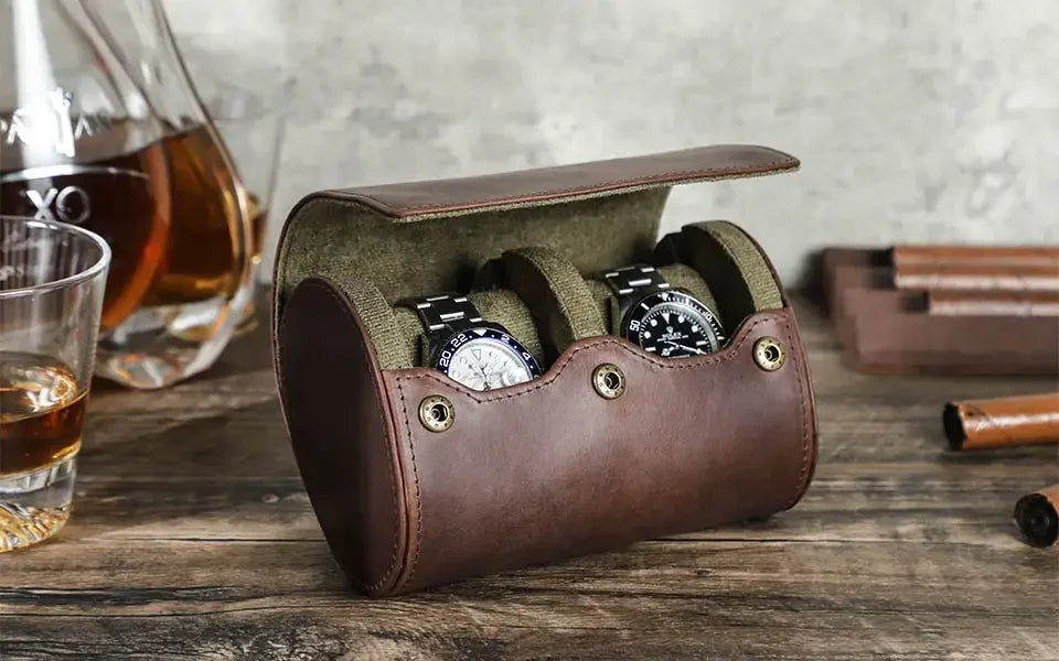 Round Leather Watch Roll with Slide-Out Cushions