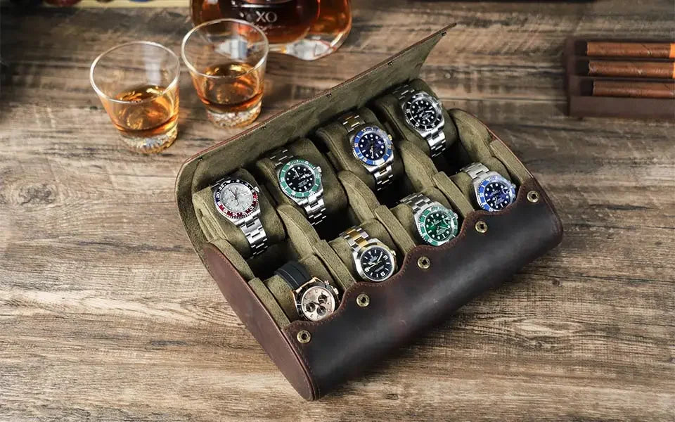 Round Leather Watch Roll with Slide-Out Cushions