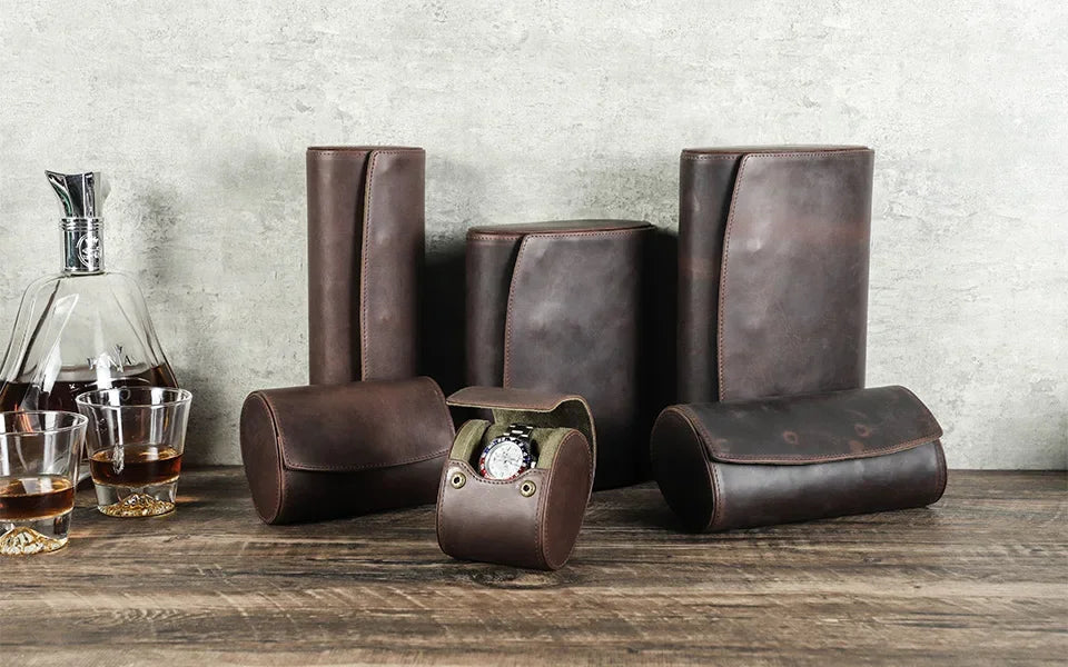 Round Leather Watch Roll with Slide-Out Cushions