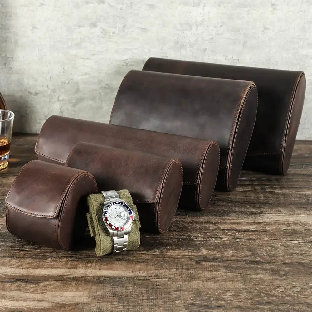 Round Leather Watch Roll with Slide-Out Cushions