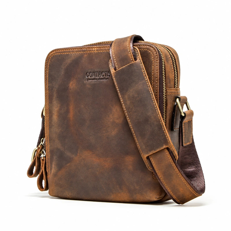 Vintage Leather Crossbody Bag – Compact Everyday Shoulder Bag - Dark brown