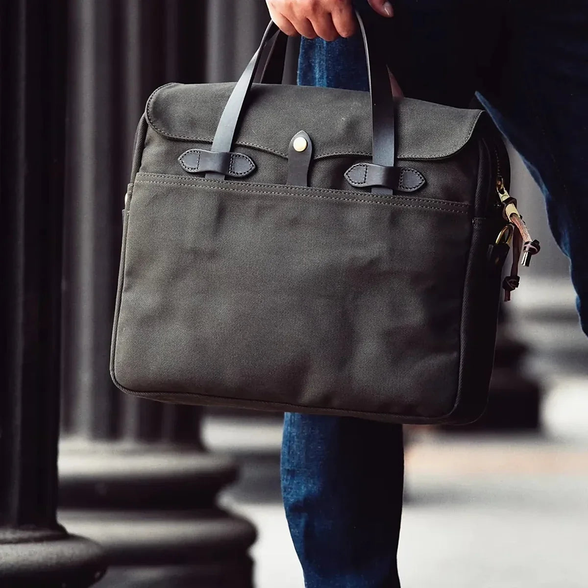 Waxed Canvas Flap Briefcase with Leather Handles