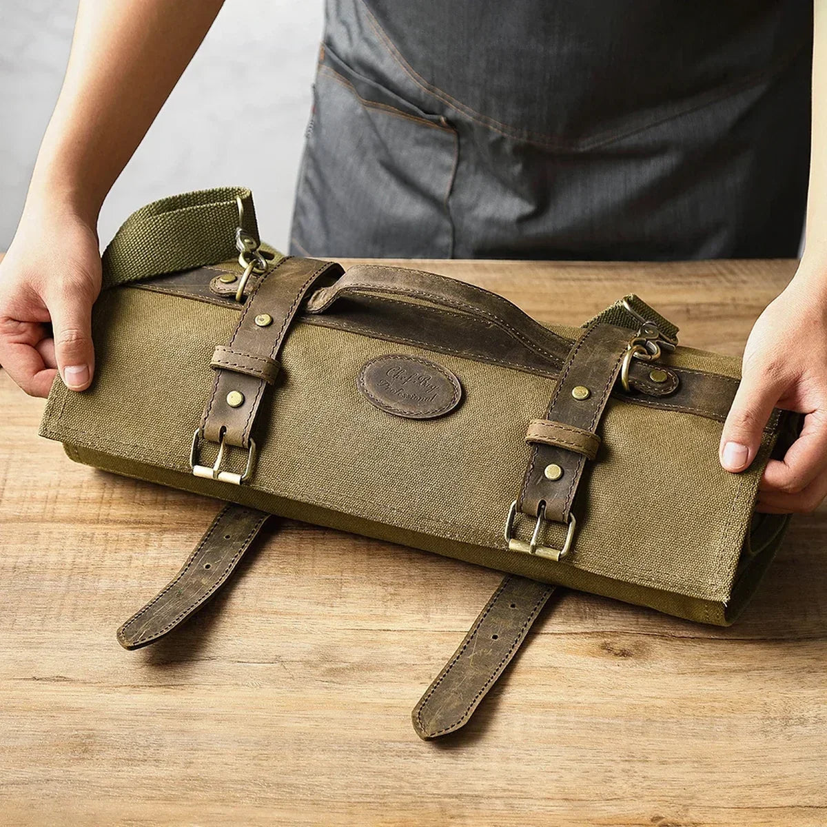 Waxed Canvas Chef Knife Roll with 12 Slots - Olive Green