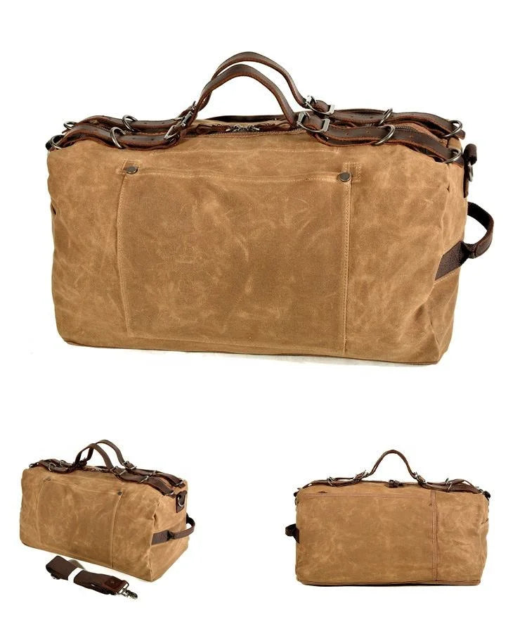Waxed Canvas Duffle Bag - Buckle Strap Weekender Travel Bag