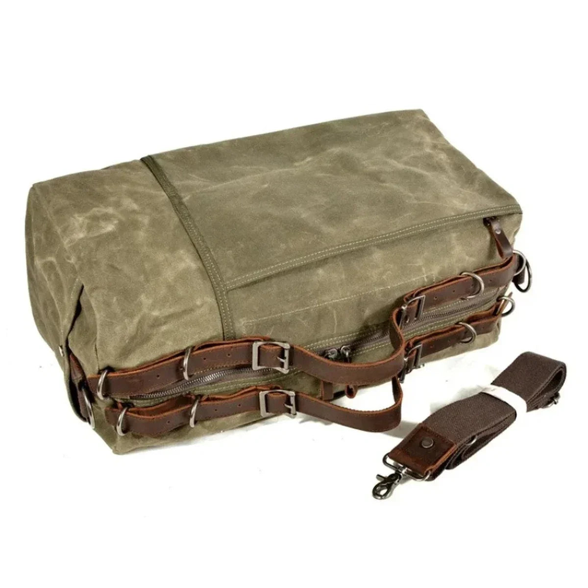Waxed Canvas Duffle Bag - Buckle Strap Weekender Travel Bag