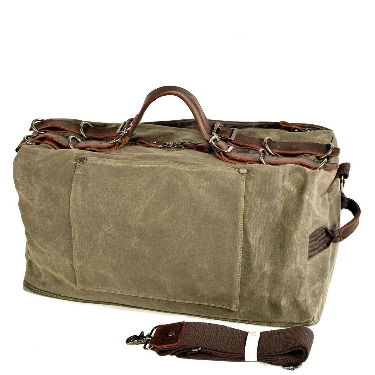 Waxed Canvas Duffle Bag - Buckle Strap Weekender Travel Bag - Army Green