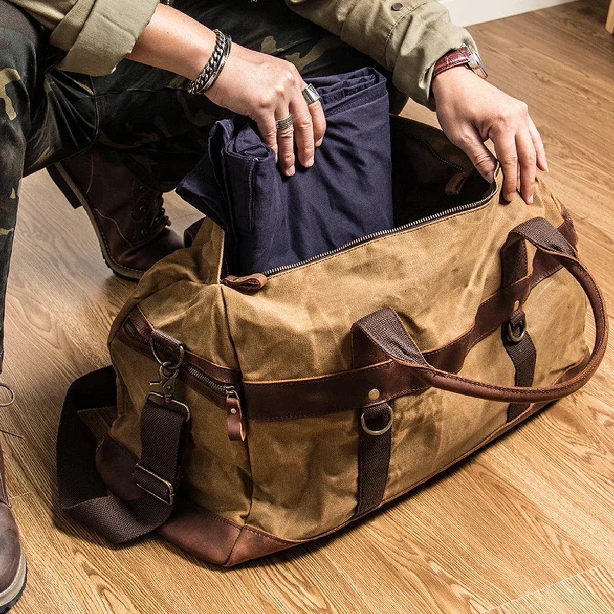 Waxed Canvas Duffle Bag - Leather Trim Weekender Travel Bag