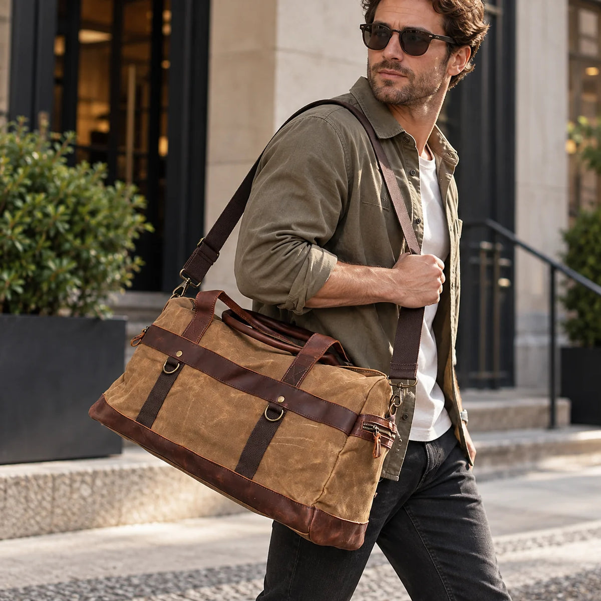 Waxed Canvas Duffle Bag - Leather Trim Weekender Travel Bag