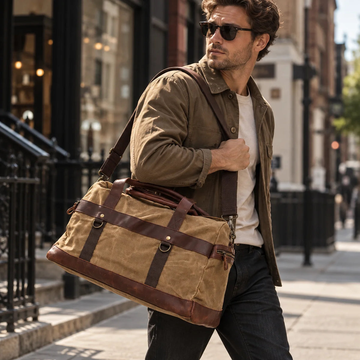 Waxed Canvas Duffle Bag - Leather Trim Weekender Travel Bag