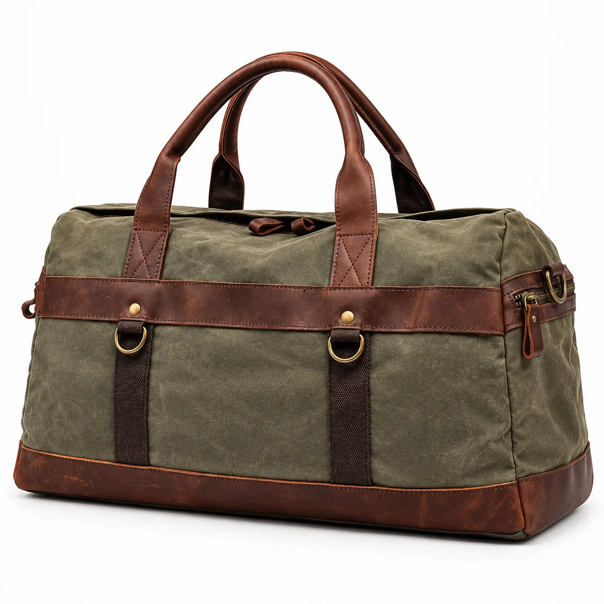 Waxed Canvas Duffle Bag - Leather Trim Weekender Travel Bag - Army Green