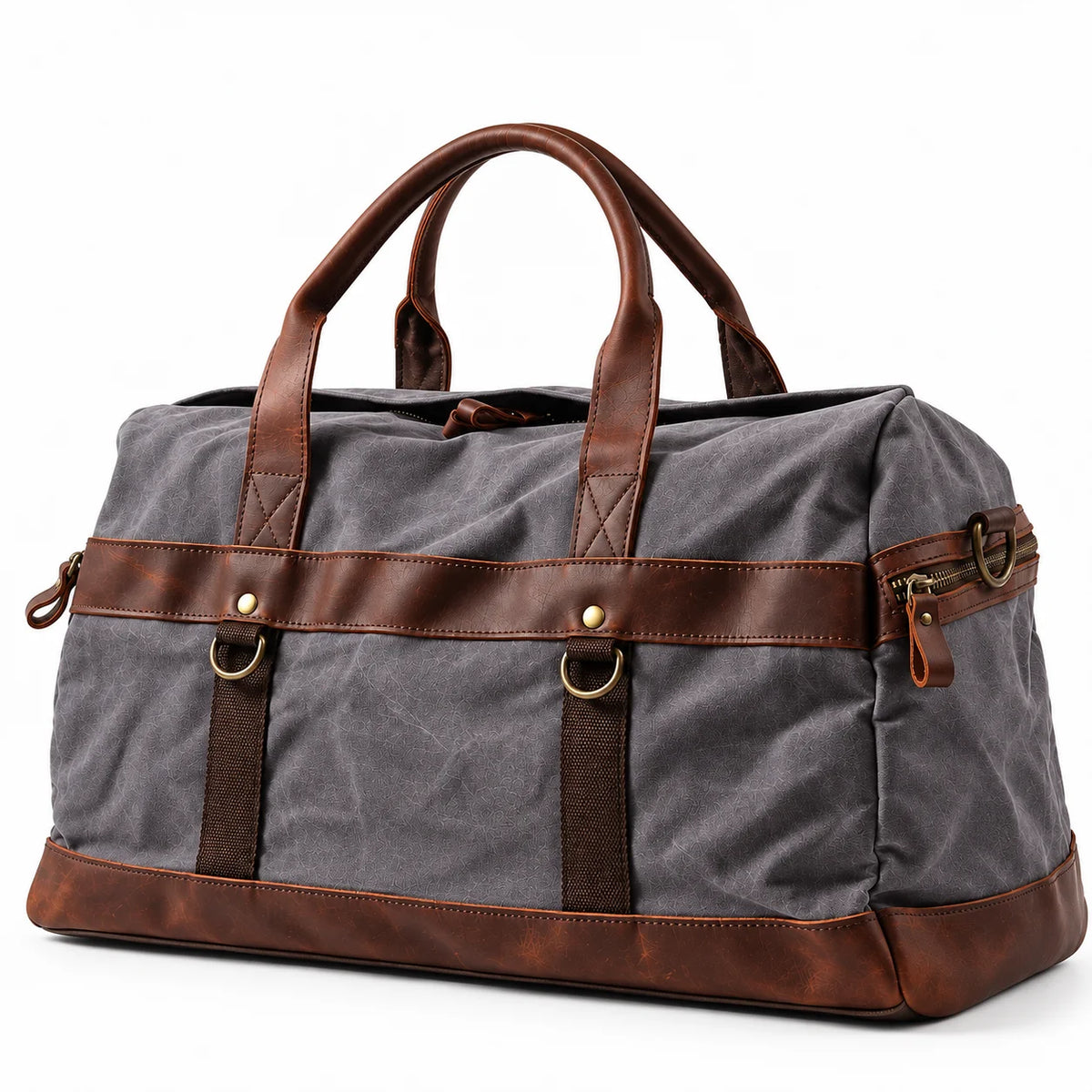 Waxed Canvas Duffle Bag - Leather Trim Weekender Travel Bag - Dark Gray