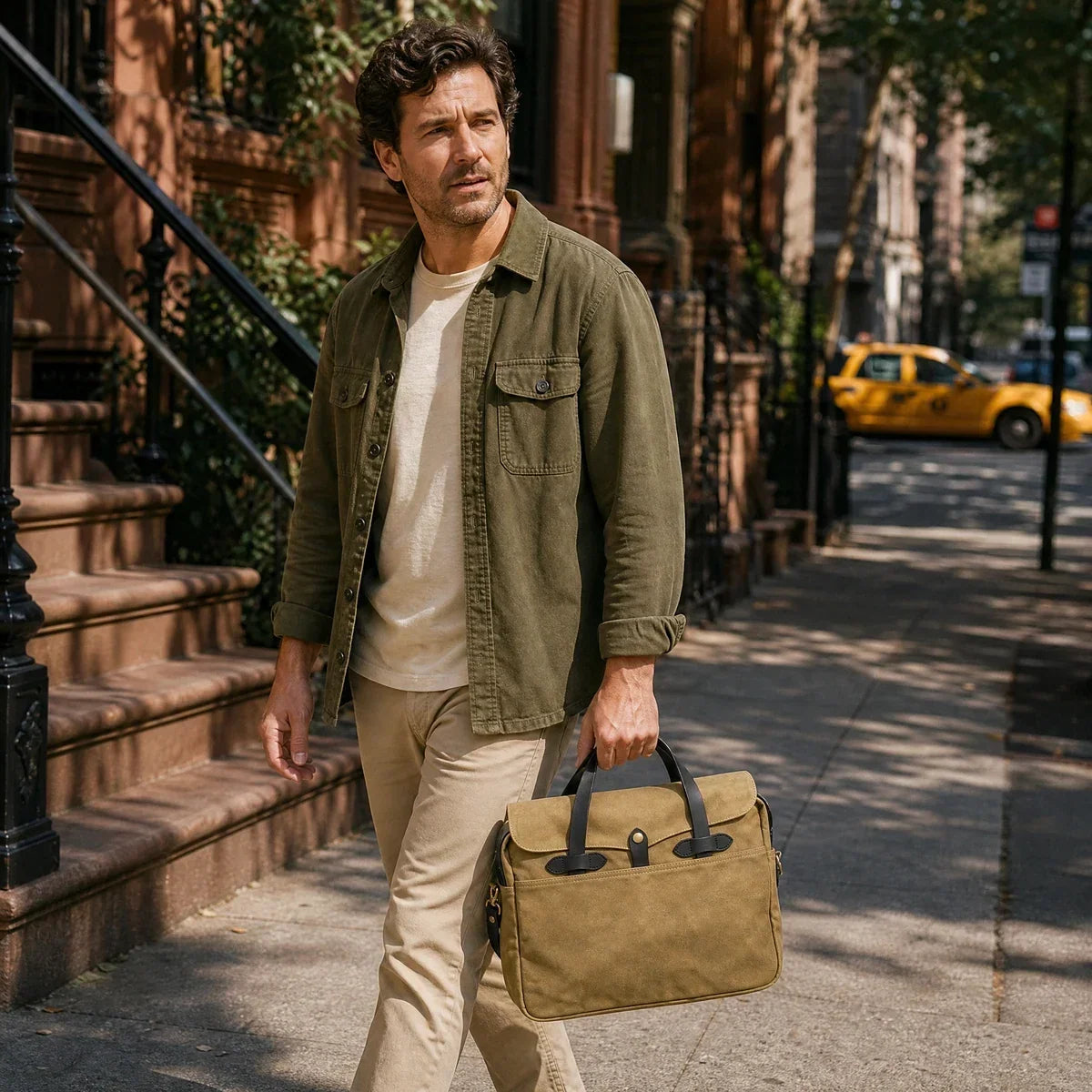 Waxed Canvas Flap Briefcase with Leather Handles
