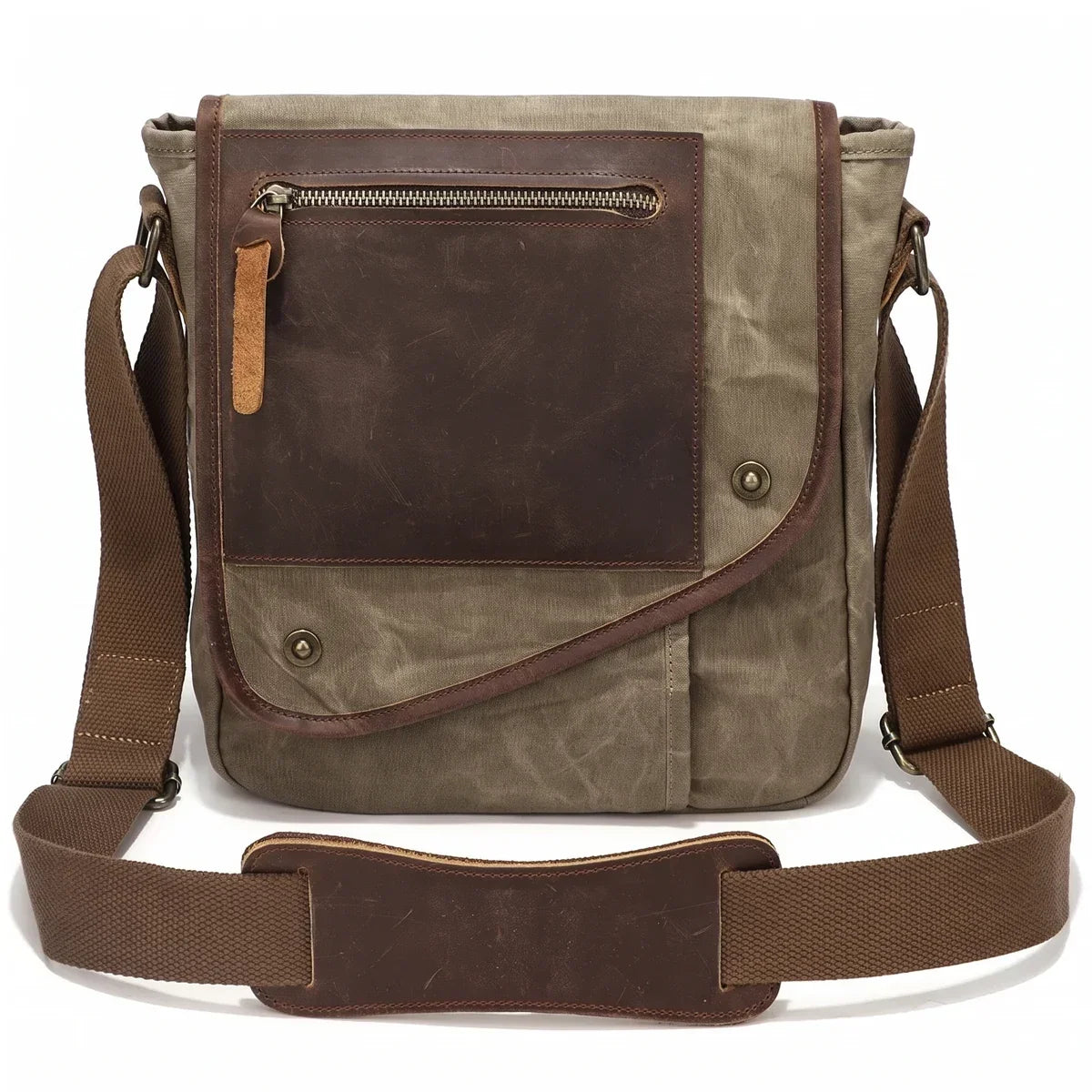 Waxed Canvas Vertical Messenger Bag for Men - Army Green