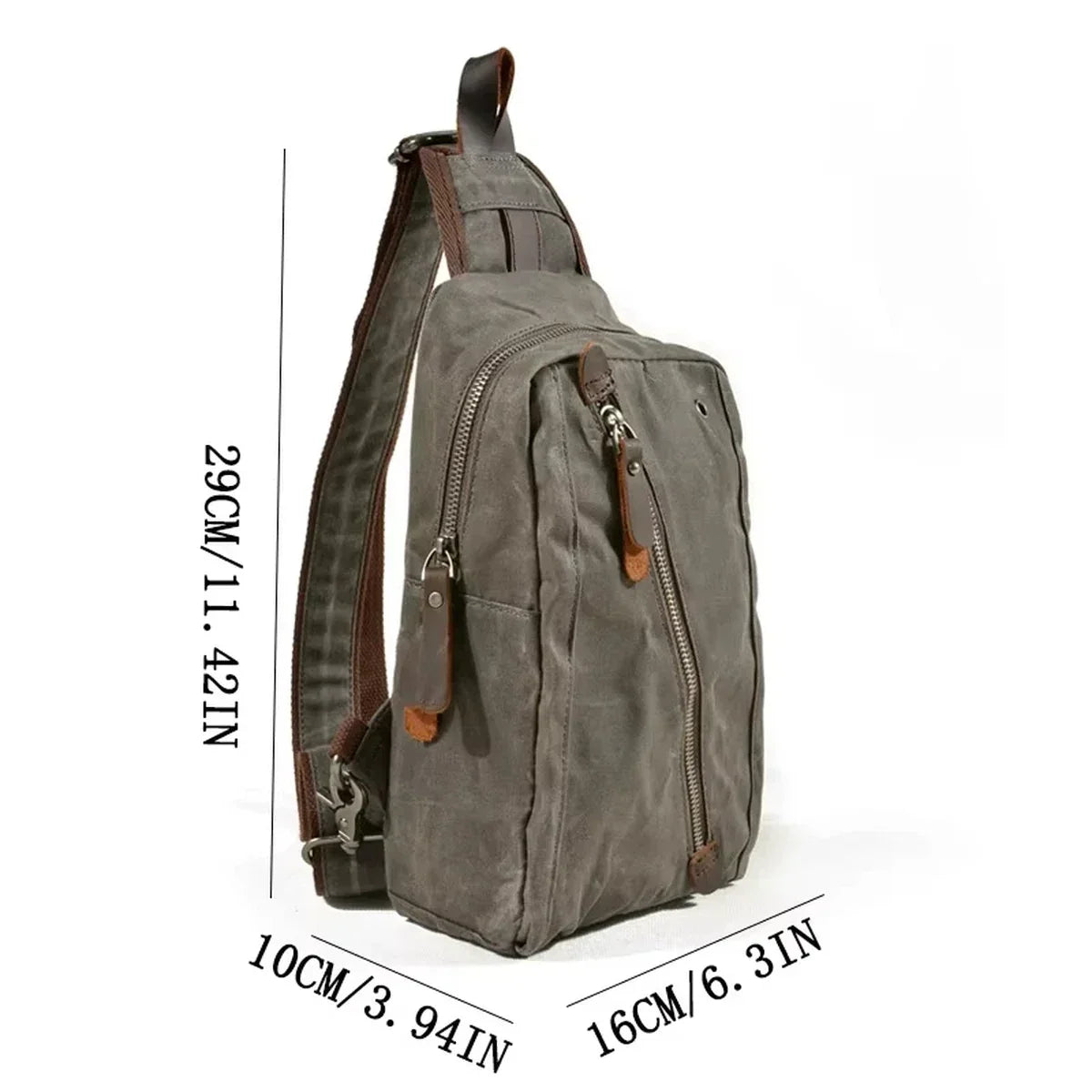 Waxed Canvas Sling Bag - Crossbody Chest Pack with Diagonal Zip