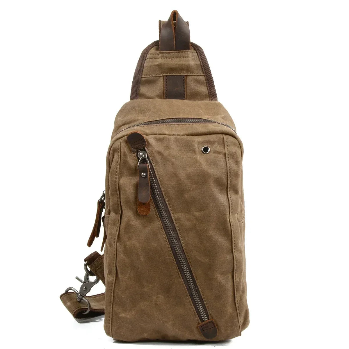 Waxed Canvas Sling Bag - Crossbody Chest Pack with Diagonal Zip - Khaki