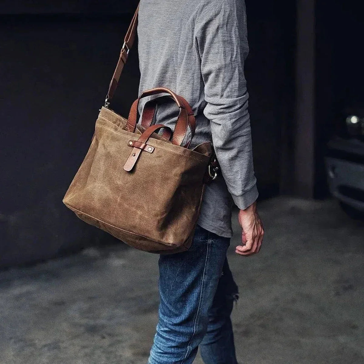 Waxed Canvas Tote Bag for Men - Zip Top Removable Strap