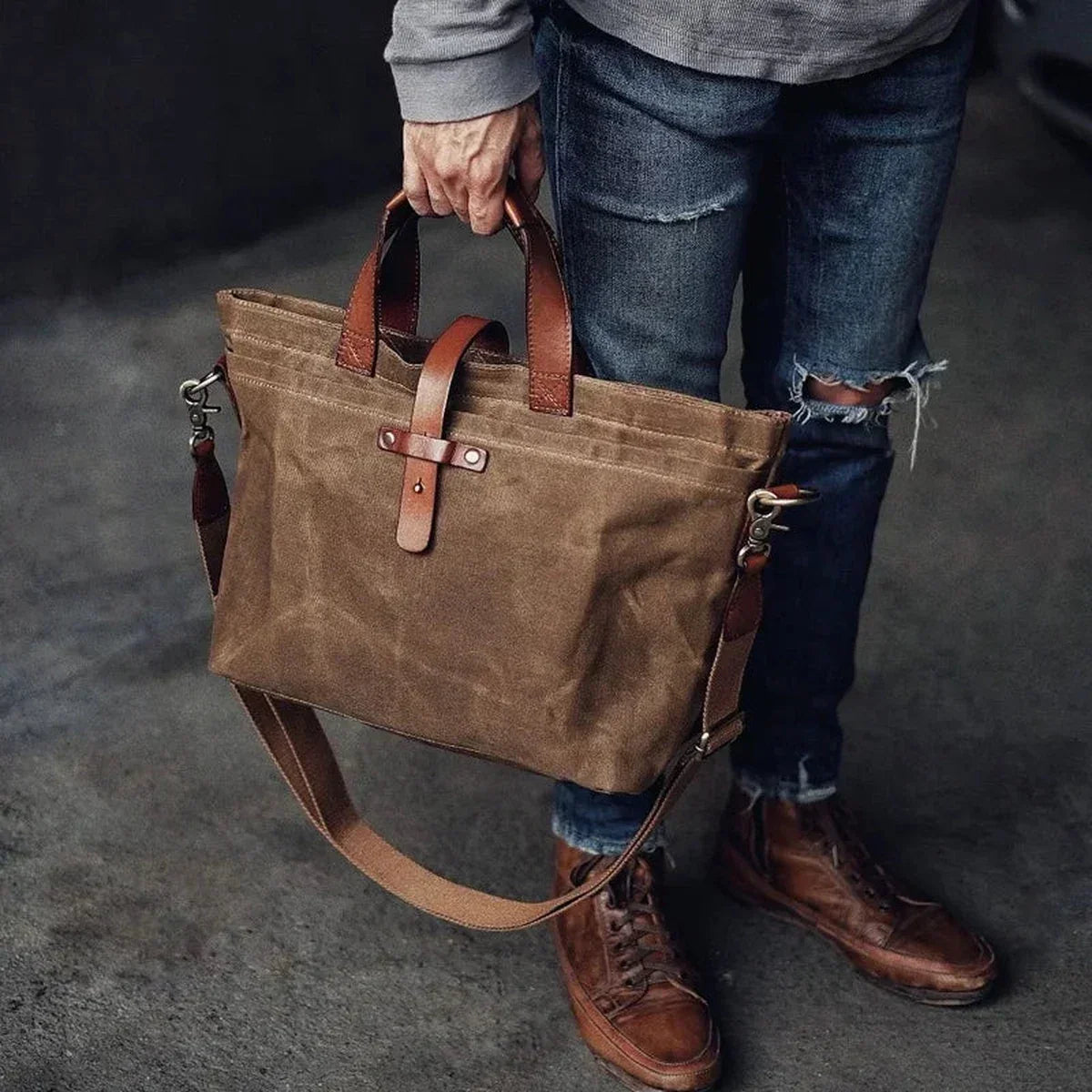 Waxed Canvas Tote Bag for Men - Zip Top Removable Strap