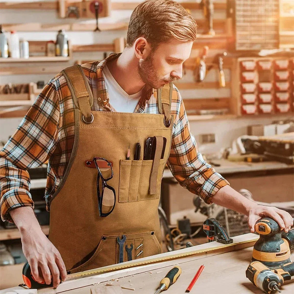 Waxed Canvas Work Apron Heavy Duty with 9 Tool Pockets