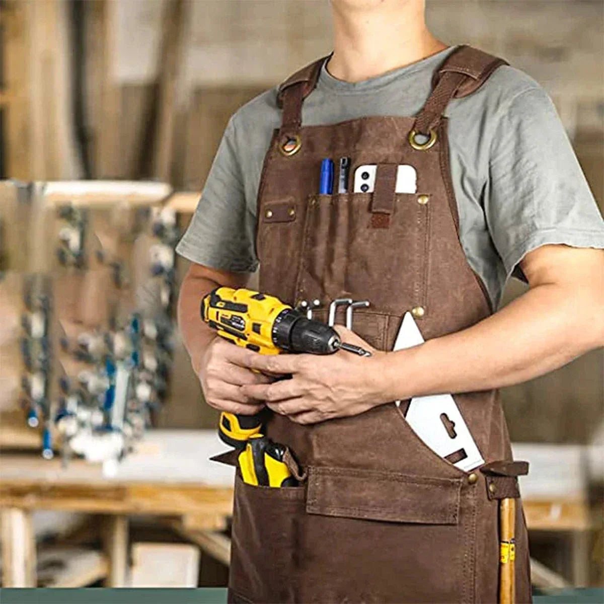 Waxed Canvas Work Apron Heavy Duty with 9 Tool Pockets
