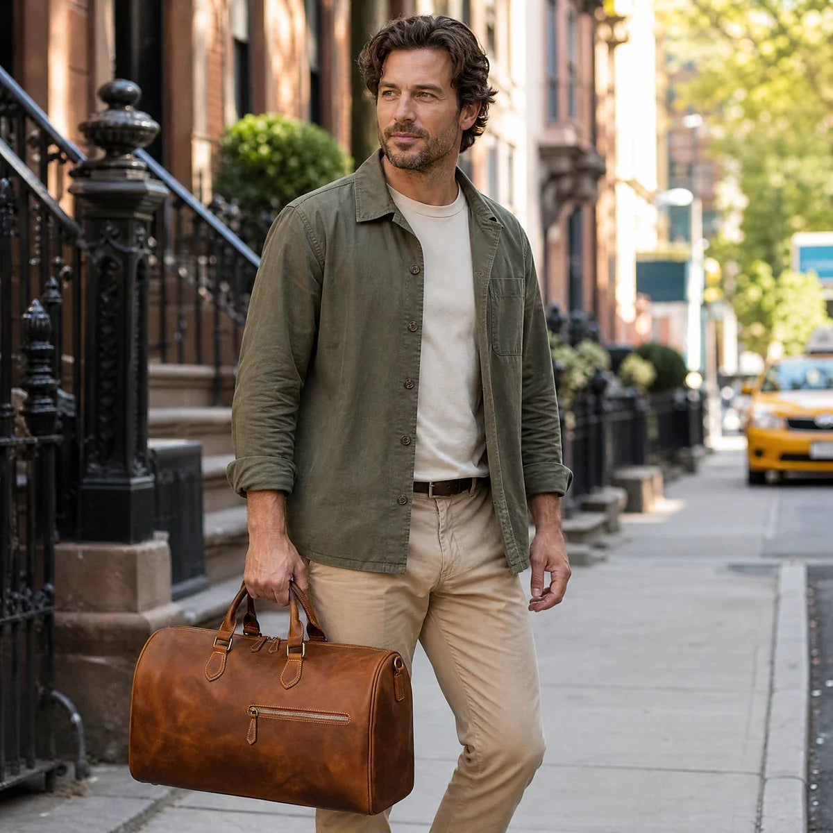 Man carrying a crazy horse leather duffle bag by its handles