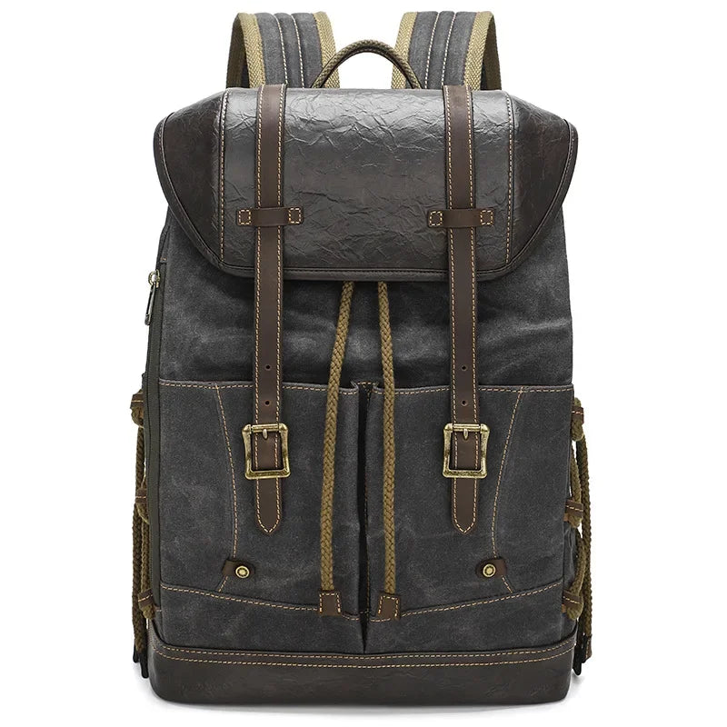 Men’s Waxed Canvas Backpack - Vintage Flap Laptop Rucksack - Charcoal / 17.3 x 11.4 x 6.3