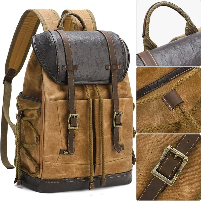 Men’s Waxed Canvas Backpack - Vintage Flap Laptop Rucksack