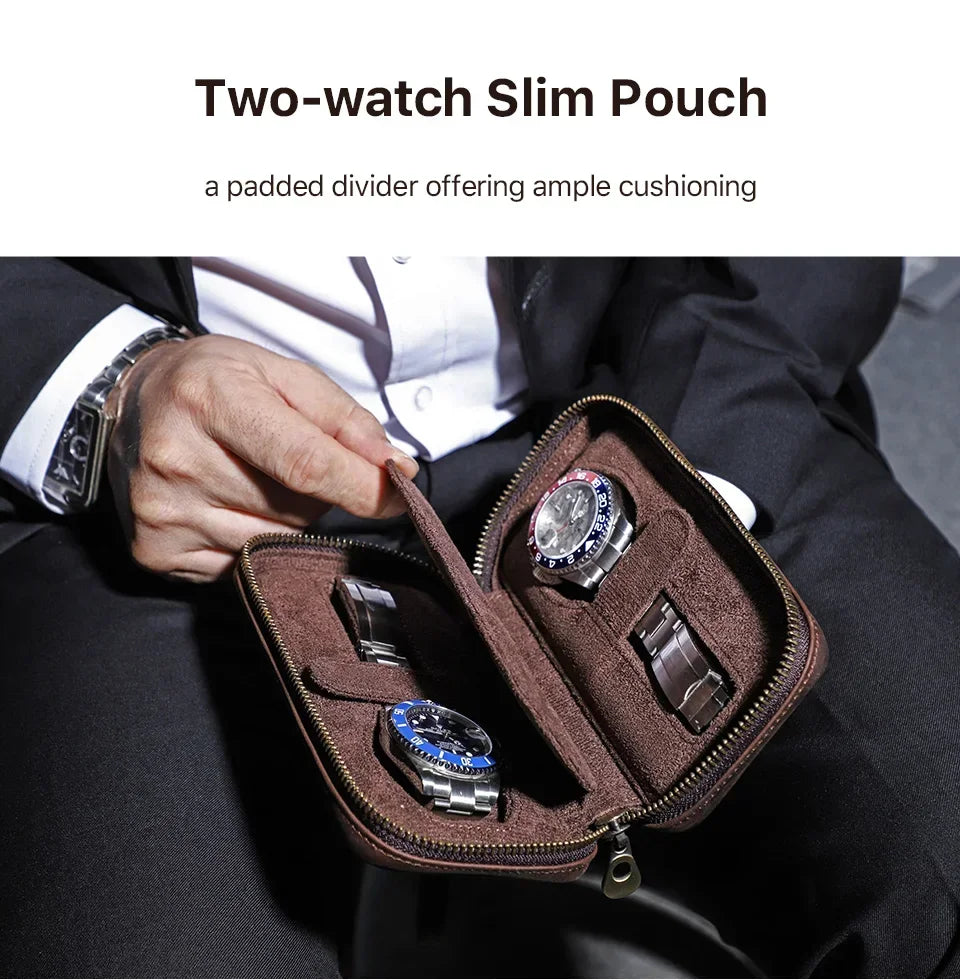 Zippered Crazy Horse Leather Watch Travel Case with Wrist Strap