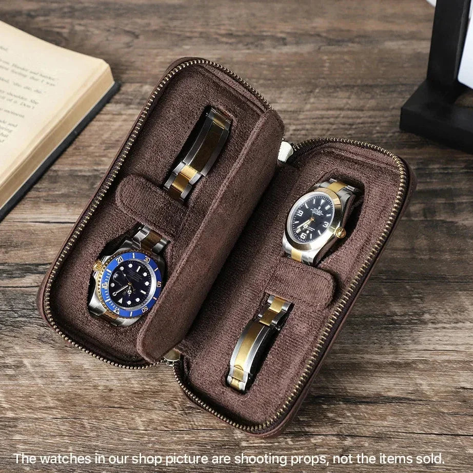 Zippered Crazy Horse Leather Watch Travel Case with Wrist Strap
