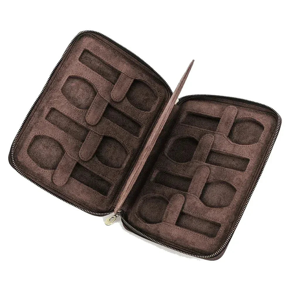 Zippered Crazy Horse Leather Watch Travel Case with Wrist Strap - 8 Watches