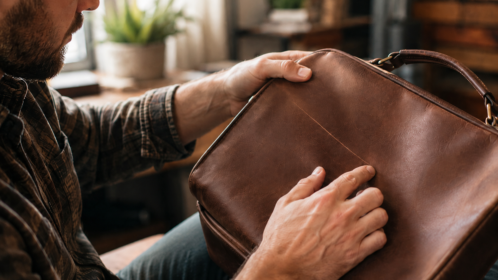 Man examining a visible scratch on a brown leather bag in soft natural light.