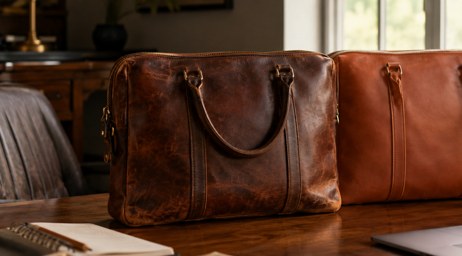 Aged brown full-grain leather briefcase with natural patina beside a newer leather bag on a warm wooden desk.