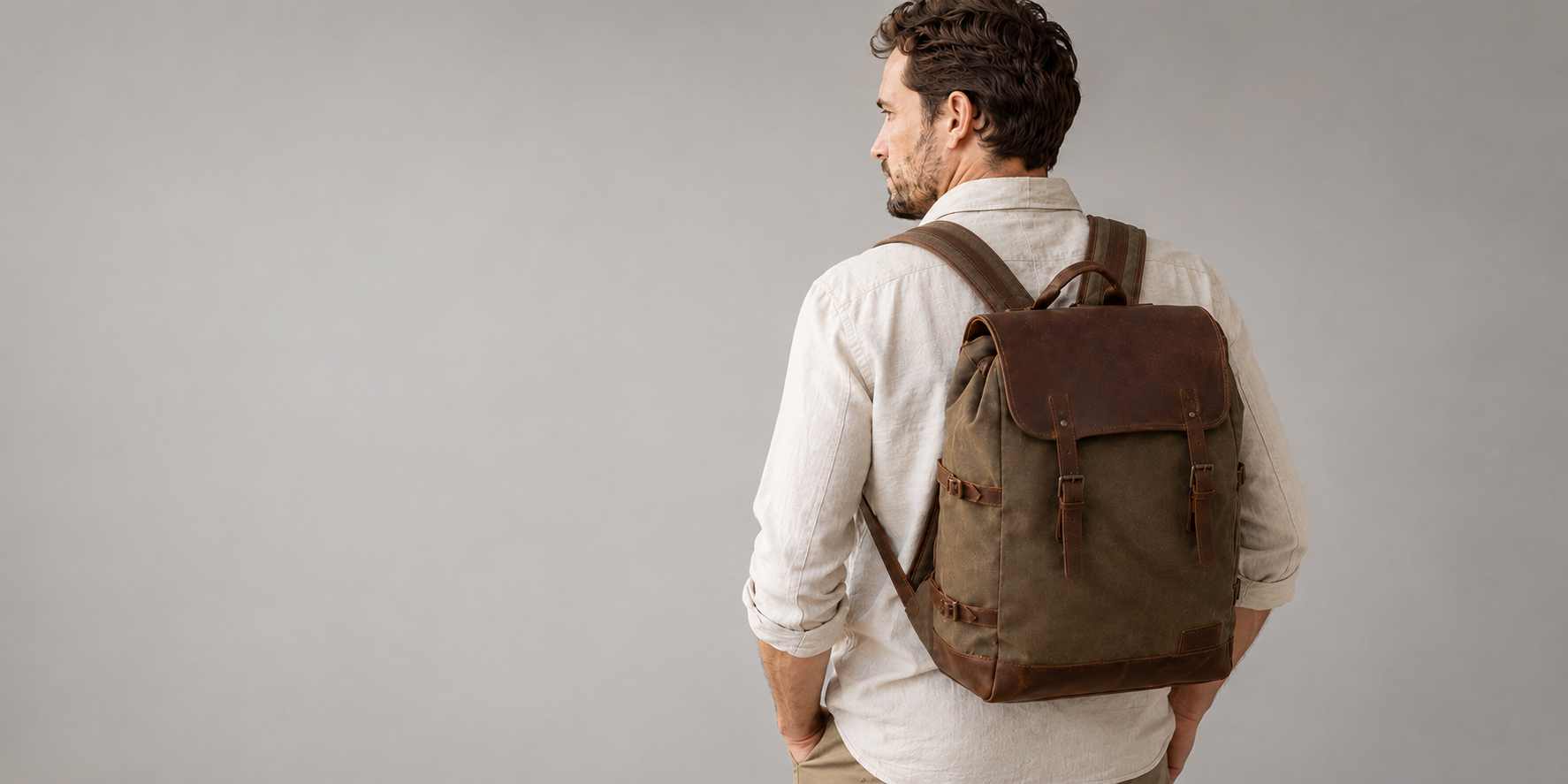 Men's wearing canvas backpack