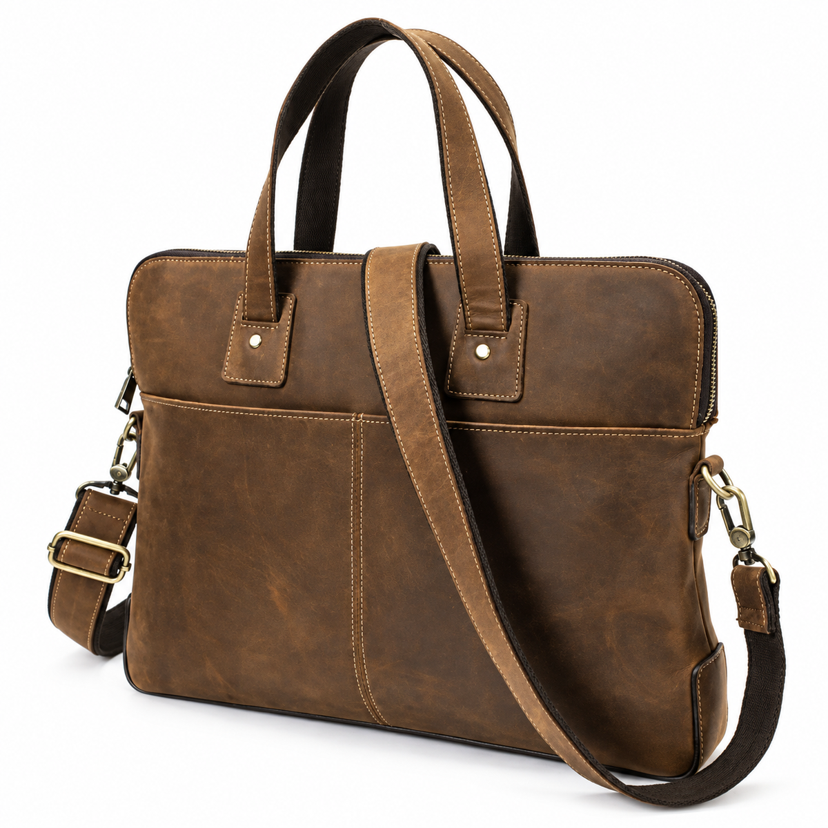 Crazy Horse Leather Slim Briefcase - Zip Laptop Bag with Shoulder Strap